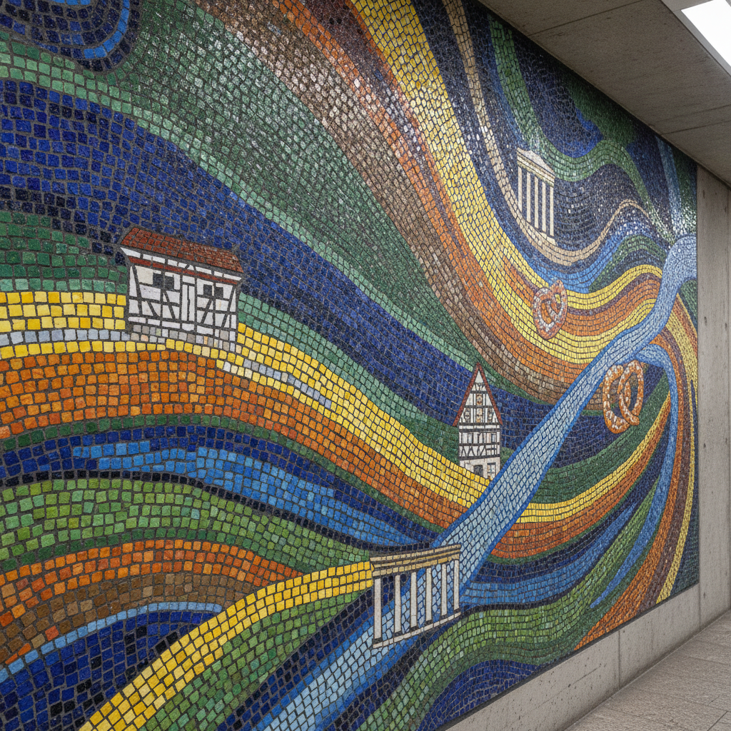 Detailaufnahme des Mosaiks am Bahnhof Erdweg